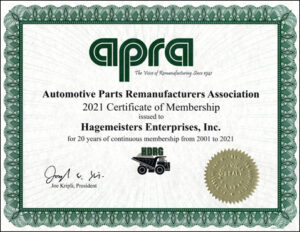 Automotive Parts Remanufacturers Association member for 20 years
